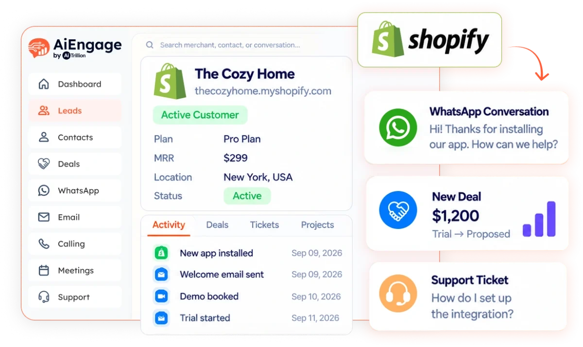 AiEngage CRM merchant profile for The Cozy Home with Shopify, WhatsApp and deals