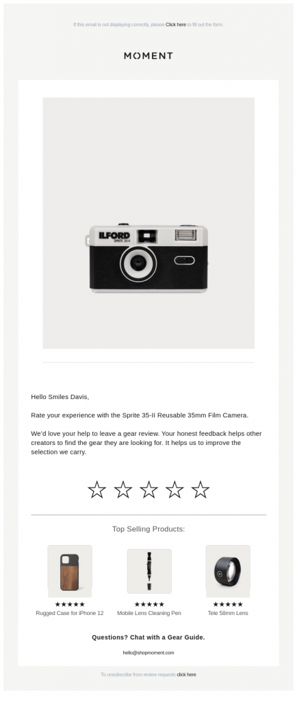 Review request email from Moment