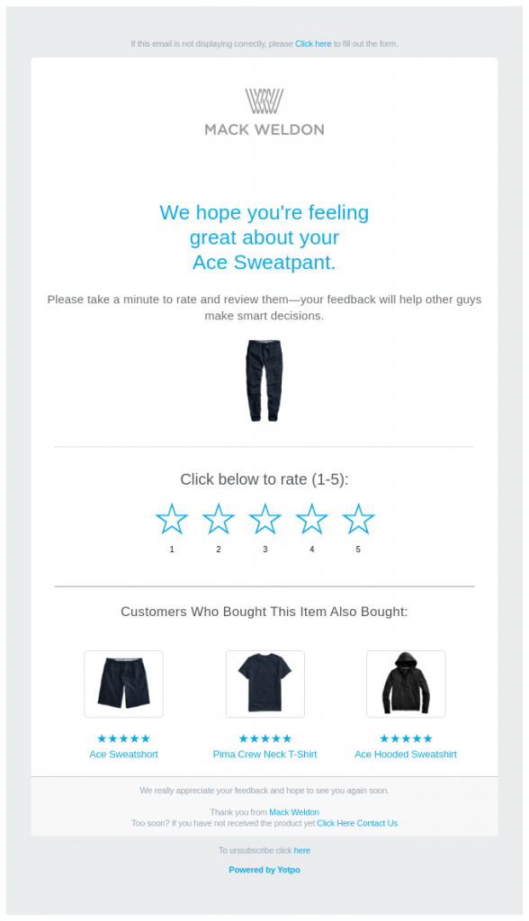 Review request email from Mack Weldon