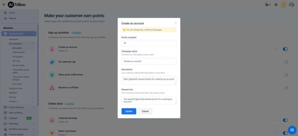 Shopify Earning Actions Loyalty Program