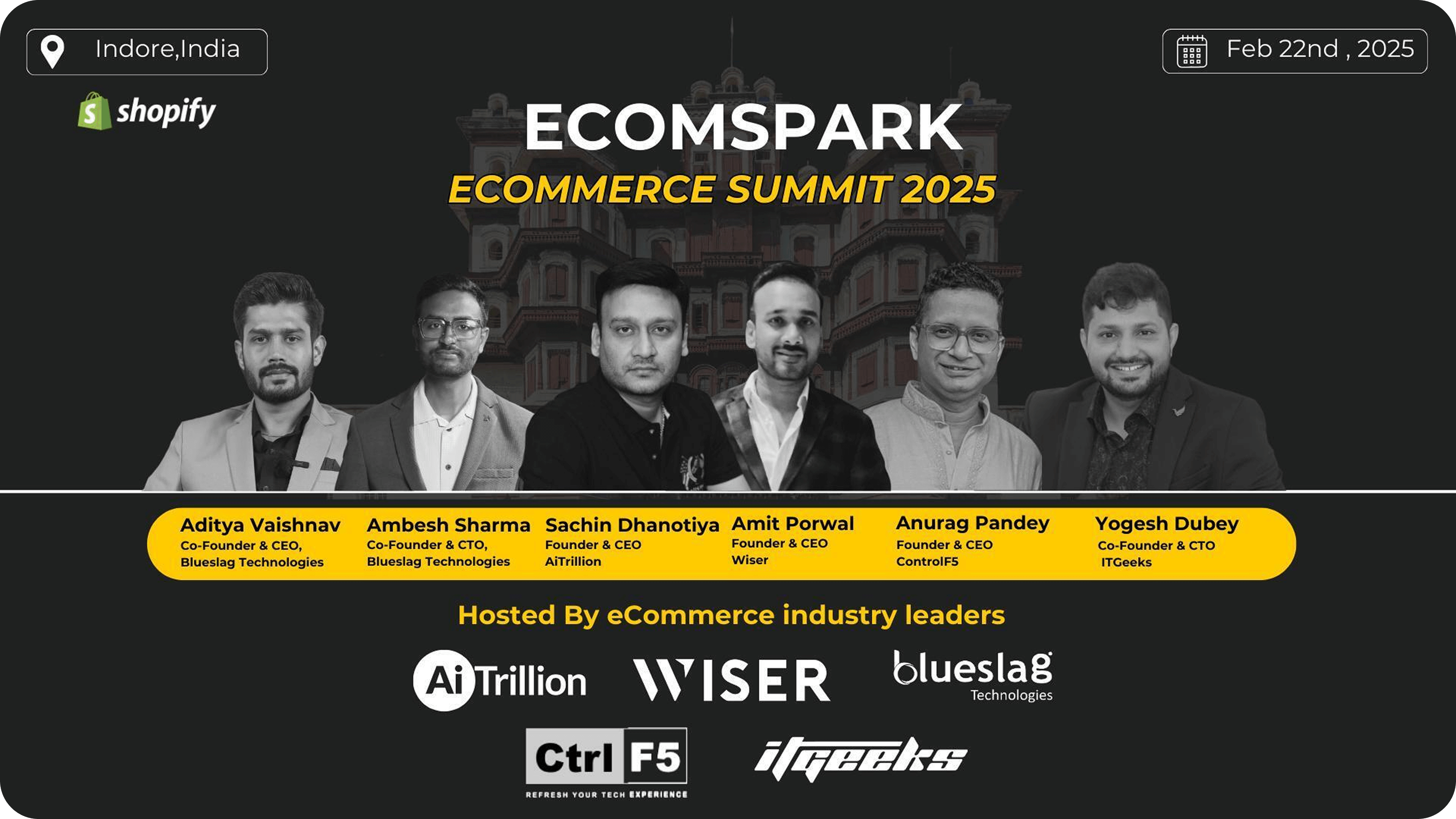 EcomSpark 2025 eCommerce Summit banner featuring industry leaders and Indore landmark