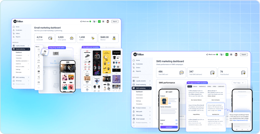 Infographic illustrating why Shopify merchants migrate from Klaviyo to AiTrillion, featuring integrated email marketing, loyalty rewards, product reviews, membership automation, and migration benefits.