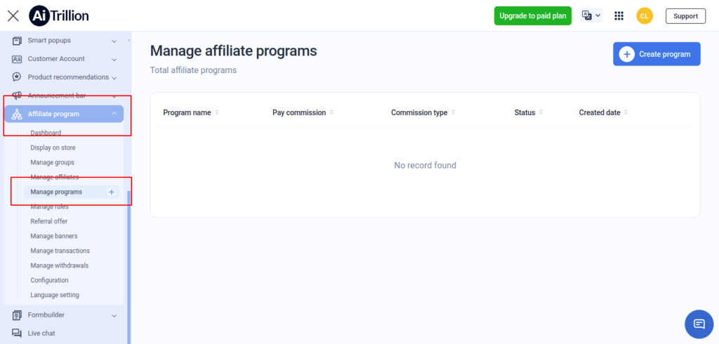 Affiliate Program Manage Programs